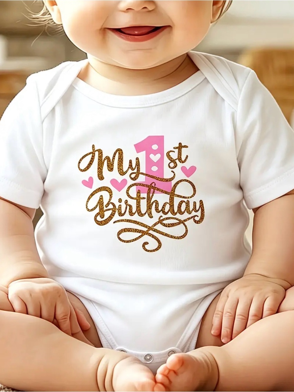 Baby Girl "My 1st Birthday" Glitter Script Bodysuit - White with Pink & Gold